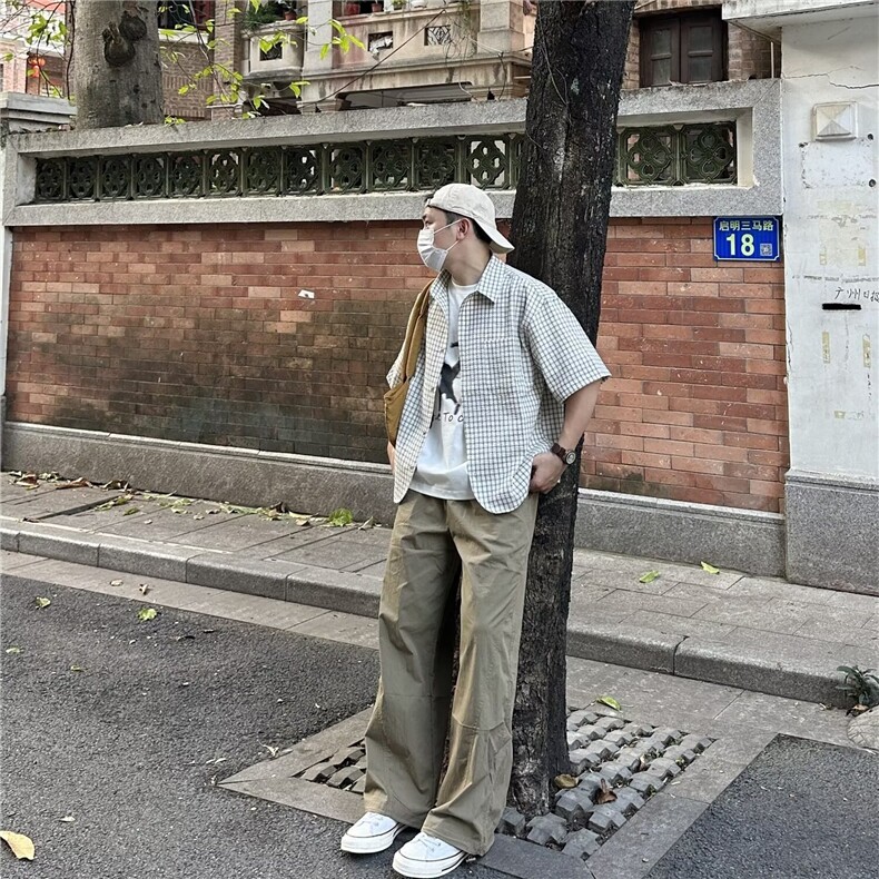夏季新款日系复古小众格子短袖衬衫男女休闲宽松小众设计感衬衣潮,男装T恤,星座1210-1