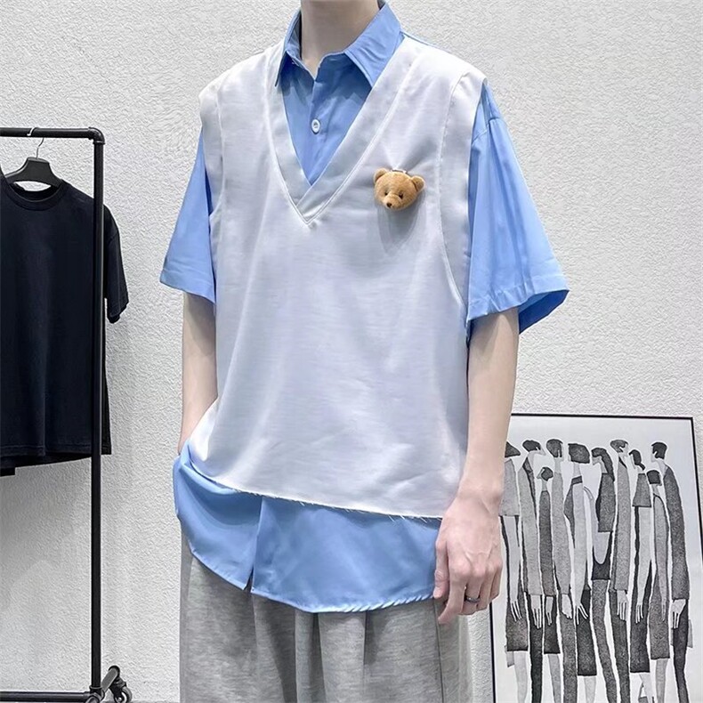 夏季短袖衬衫潮流帅气休闲衬衫假两件小熊衬衣CS03P40,男装衬衫,星座1116-2