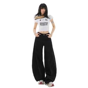 美式高街牛仔弯刀裤女春夏高腰宽松显瘦百搭潮流阔腿裤YD9001-P65图片