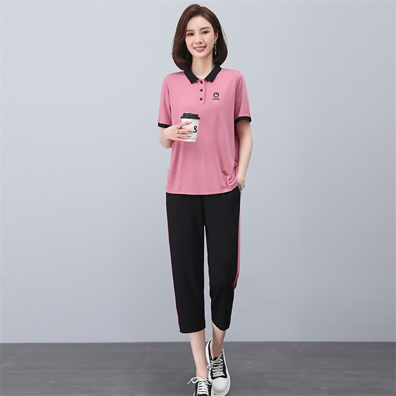啄木鸟纯棉运动服套装女夏季宽松短袖七分裤中年妈妈装休闲两件套,女装套装/套裙,忆绮罗