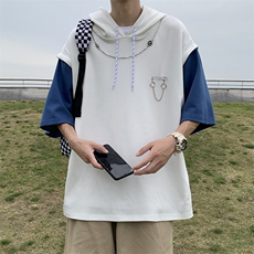 高街潮流大码宽松链条装饰T恤连帽撞色假两件短袖男T1070-P32，男装T恤，星座512-2