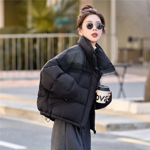 2025冬季新款韩版宽松立领牛仔拼接90白鸭绒羽绒服女短款面包服图片
