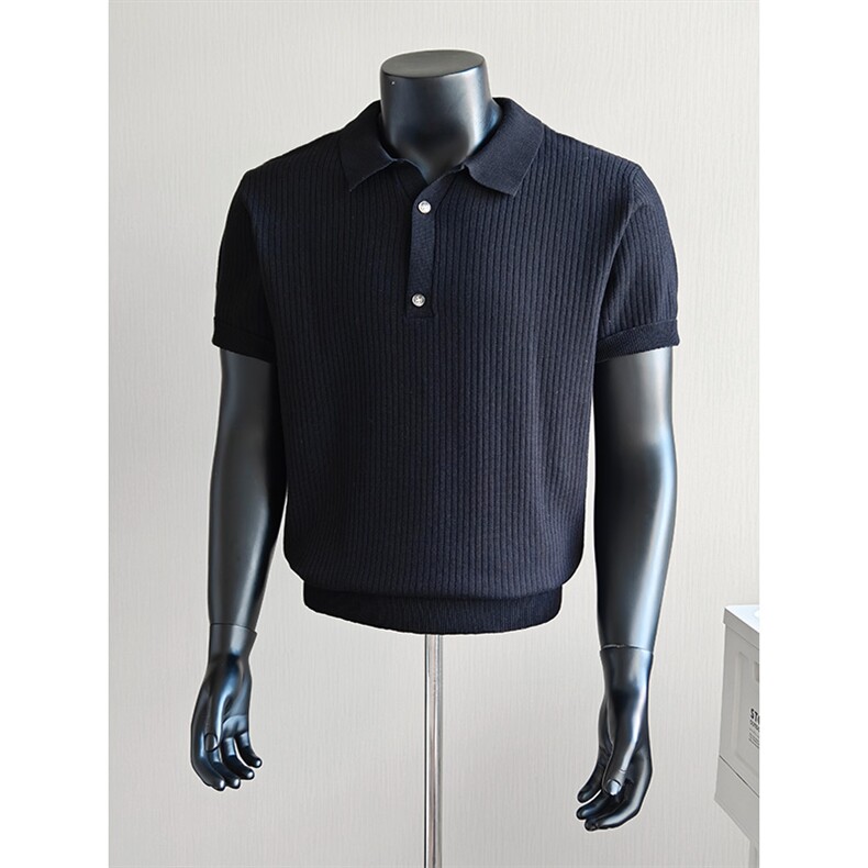 盗图老钱风新贵坑条纹纯色翻领针织短袖POLO衫E77154/P55控78，男装T恤，电商A243