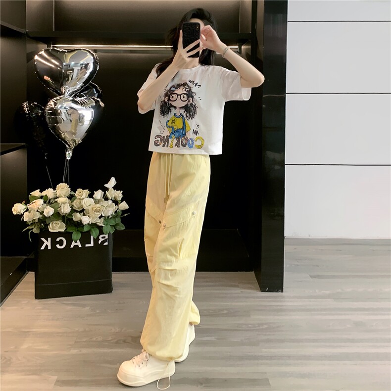 女夏季潮流时尚套装宽松显瘦圆领卡通印花T恤阔腿工装长裤两件套,女装套装/套裙,江南