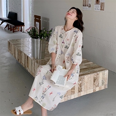 甜美减龄初恋少女印花茶歇桔梗长裙夏季新款小清新减龄连衣裙女裙，女装连衣裙，2D075
