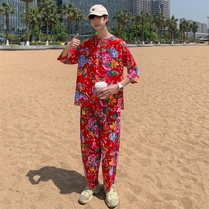 TZ340男士夏季风大花布套装大码宽松凉爽透气民族风个性外套图片