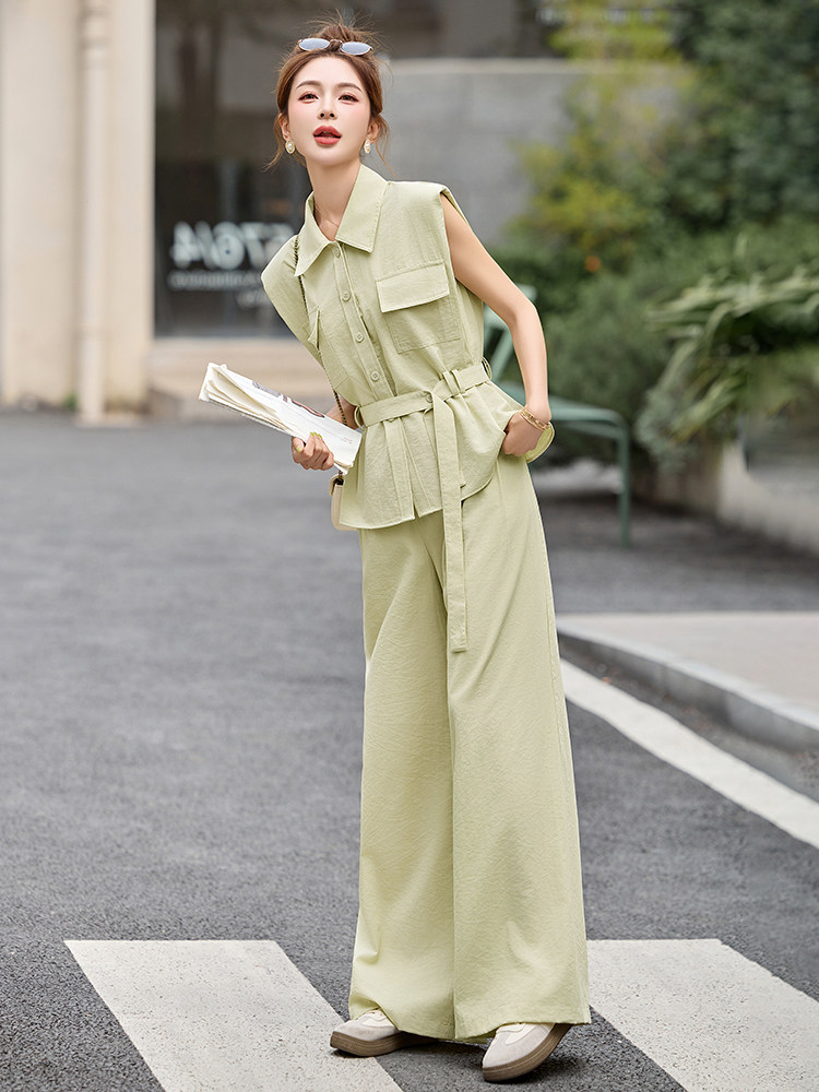 小香风套装女2025夏日新款韩系高级松弛感休闲无袖衬衫阔腿裤穿搭,女装套装/套裙,伊仟回