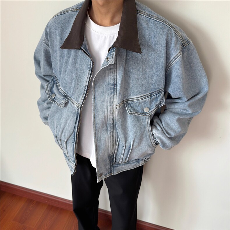 美式复古水洗做旧皮衣领拼接翻领重磅宽松牛仔外套夹克，男装皮衣，四季星座505