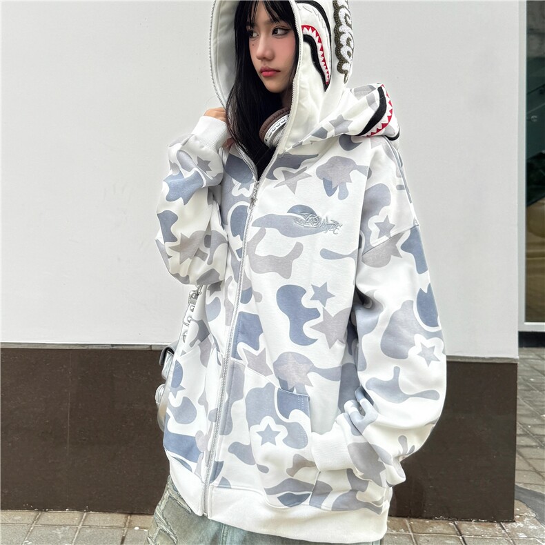 美式高街迷彩连帽鲨鱼卫衣外套女春秋hiphop情侣帽衫WLY8055-P48,女装短外套,星座1008