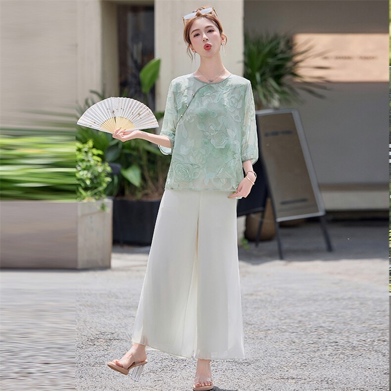 新中式上衣女2025夏季新款中袖国风高端印花遮肉年轻大码薄款衬衫,女装衬衫,妃曼