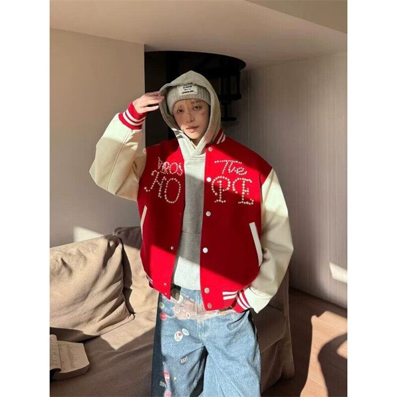 Q06/P76春外套男高街毛呢拼皮棒球服珍珠钉珠原宿风潮夹克3,男装夹克,星座1506