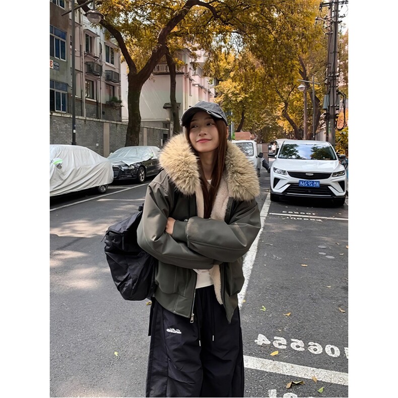 现货重磅boxy短款棉衣座山雕大毛毛领男女棉服水洗工装厚外套图片