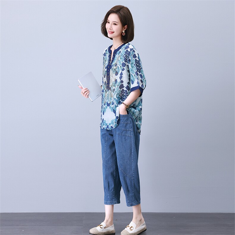 时尚拼接印花镶钻刺绣套装优雅显瘦气质女装舒适百搭两件套,女装套装/套裙,叶笙衣