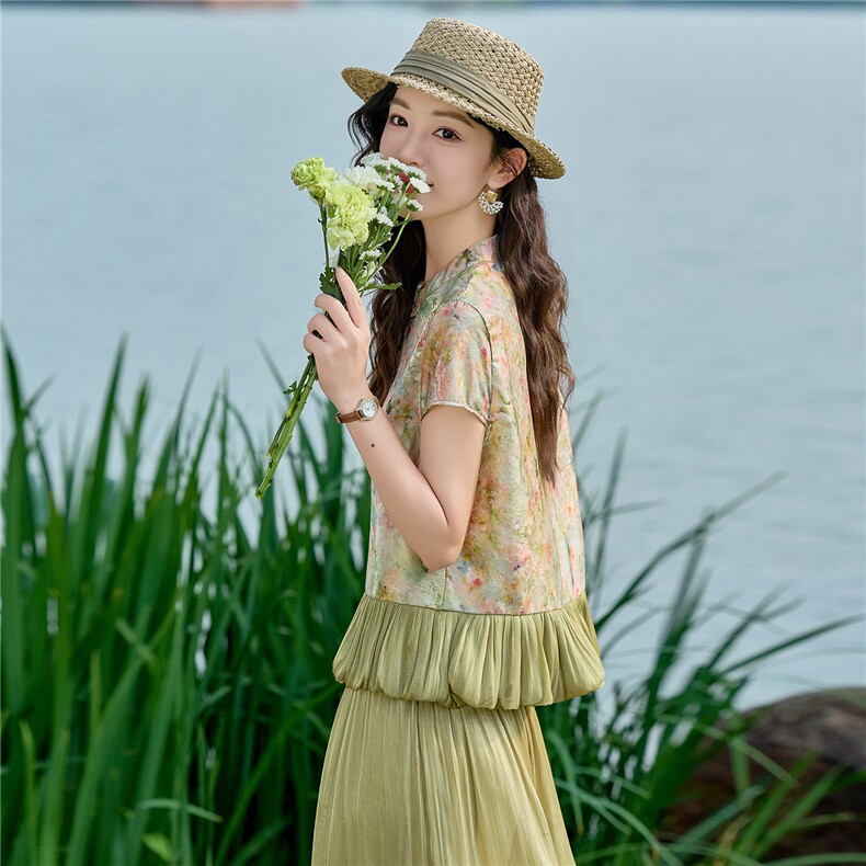 2026年夏季新款新中式印花套装女时尚小个子显瘦流光裤两件套,女装套装/套裙,众宇琦