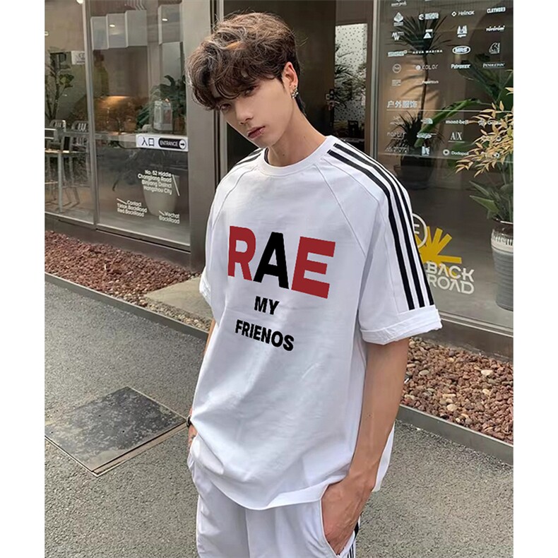 抖音得物高品质二开240克宽松纯棉美式潮牌三条杠织带短袖T恤，男装T恤，电商A486-1