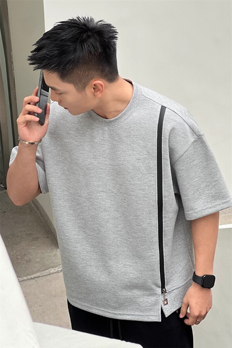自制~高品质260克撞色拉链设计款短袖高级感开叉圆领T恤DX100P45,男装T恤,星座908