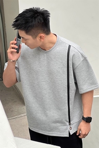 自制~高品质260克撞色拉链设计款短袖高级感开叉圆领T恤 DX100P45图片