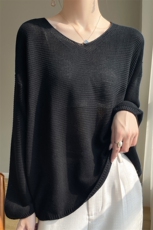 早秋亚麻V领长袖针织T恤女宽松慵懒风套头内搭打底衫爆款罩衫上衣，女装针织衫/毛衣，东远绒业