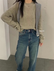 时尚宽松短款针织衫女秋冬加厚圆领小个子毛衣纯色打底衫，女装针织衫/毛衣，半城羊绒