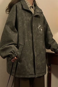 中性风PU皮复古做旧可拆卸四芒星胸针设计夹克男JK77757P90控128图片