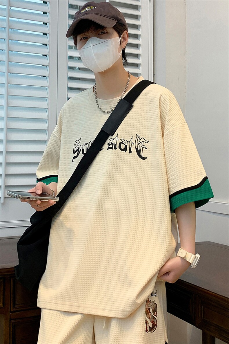 夏季撞色华夫格运动短裤T恤男女冰感百搭短袖套装6617-P70控价98,男装T恤,电商A441-1