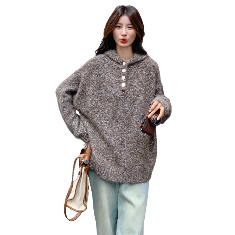 现货:秋冬季新款复古V领纽扣连帽针织毛衣上衣2C135-8912P145K228，女装针织衫/毛衣，2C135