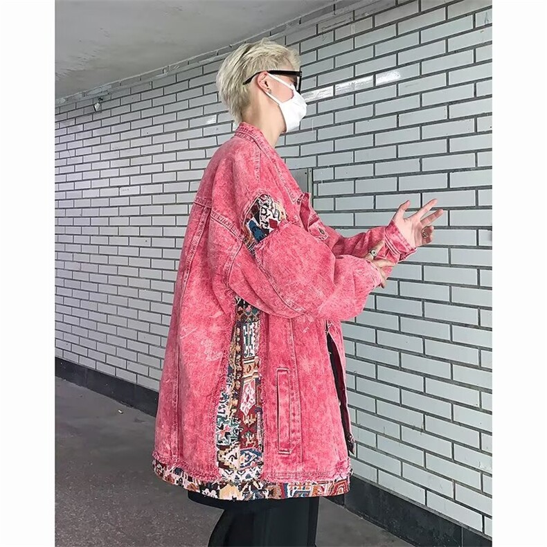 水洗粉色牛仔外套男做旧休闲拼接夹克上衣1001-1-w046-P75,男装工装外套,星座1001-1