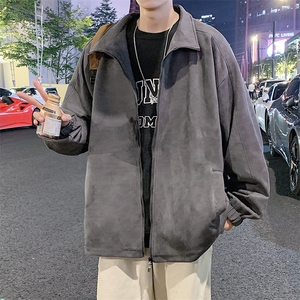 麂皮绒立领夹克男宽松落肩纯色上衣外套JK720-P68,灰色裤子搭配粉色上衣怎么样图片