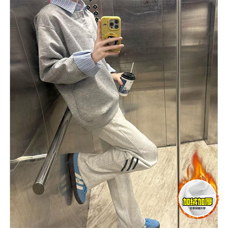 重磅加绒硬挺boxy男女美式高街假两件衬衫领长袖卫衣POLO领打底衫,男装T恤,电商A486-1
