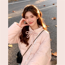 蕾丝拼接棉服外套女2025年新款冬季韩系高级感粉色蝴蝶结系带棉衣，男装棉衣，星座506A