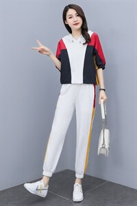 2021夏季新款简约时尚优雅气质撞色拼接连帽休闲两件套图片