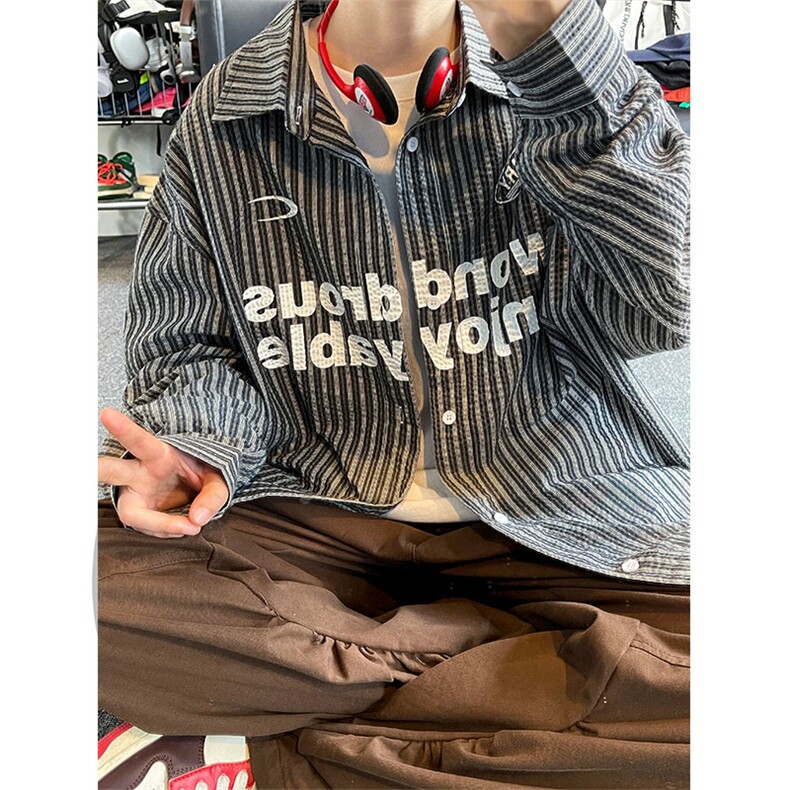 宽松百搭叠穿印花压皱条纹衬衫外套男女C2216-P47【特价】,男装衬衫,电商A007