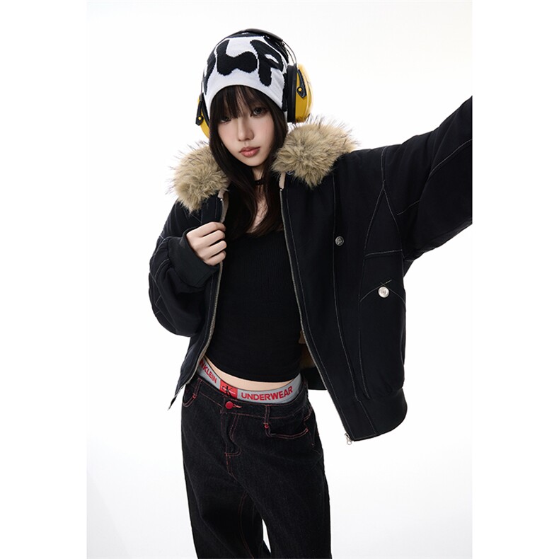 现货重磅boxy短款棉衣座山雕大毛毛领男女棉服水洗工装厚外套,男装棉衣,电商A486-1