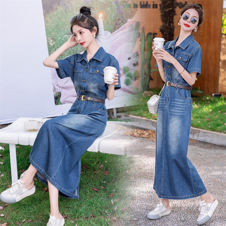 轻奢翻领收腰显瘦高级感舒适棉经典蓝色牛仔长裙连衣裙夏，女装连衣裙，印象茜