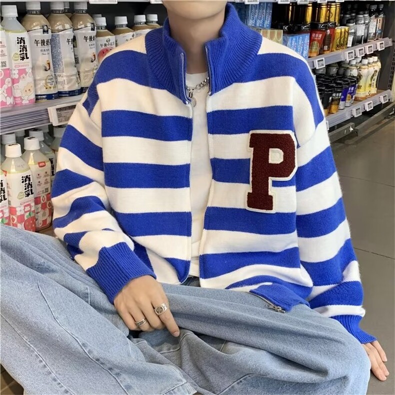 青少年潮美式复古条纹开衫拉链毛衣男女款秋冬宽松针织衫上衣图片