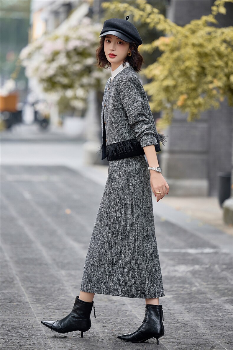 现货！重工烫钻小香风套装裙女2025秋冬新款轻奢外套半身裙两件套,女装套装/套裙,魅影