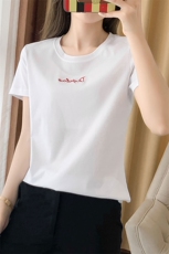夏季圆领短袖女短款丝光棉t恤宽松韩版字母刺绣精梳纯棉体恤上衣，女装T恤，元素羊绒