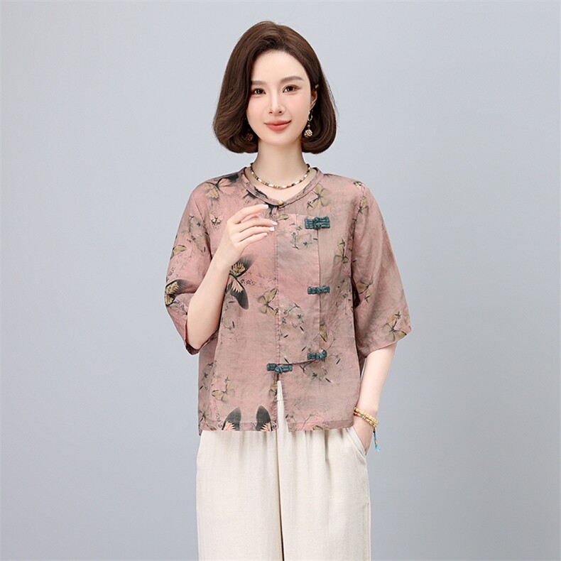 中式复古盘扣苎麻印花衬衫女2025夏季新款高端麻料花色上衣小衫，女装衬衫，凝聚力