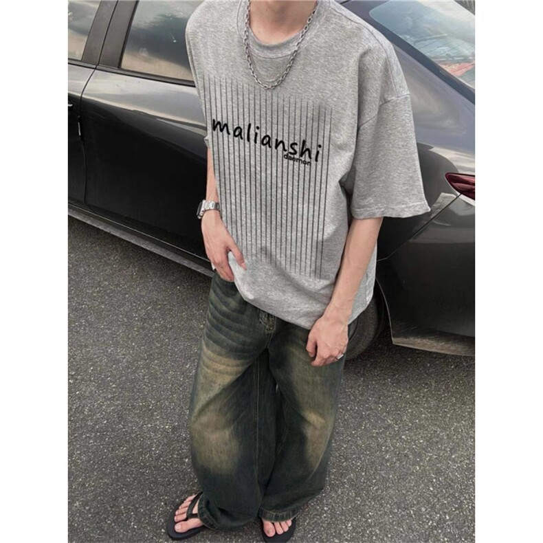 重磅纯棉夏季灰色潮牌短袖t恤男设计感小众宽松欧货潮流半袖上衣,男装T恤,四季星座505