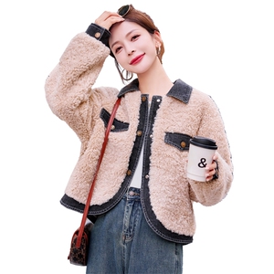 牛仔拼接粉色羊羔毛外套女冬季2025新款小个子独特超好看显瘦棉服图片