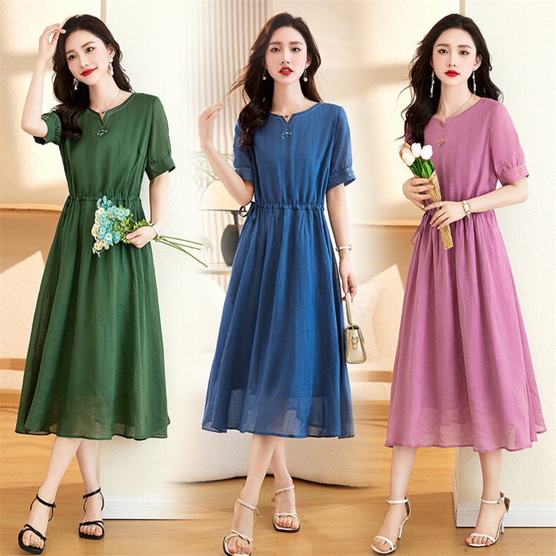 重工刺绣纯苎麻连衣裙女夏季薄款新款洋气遮肚子显瘦棉麻裙子，女装连衣裙，倪叶myz