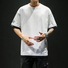 19夏季新款全棉宽松短袖日系复古假两件T恤潮牌大码半袖T303，男装T恤，电商A021A