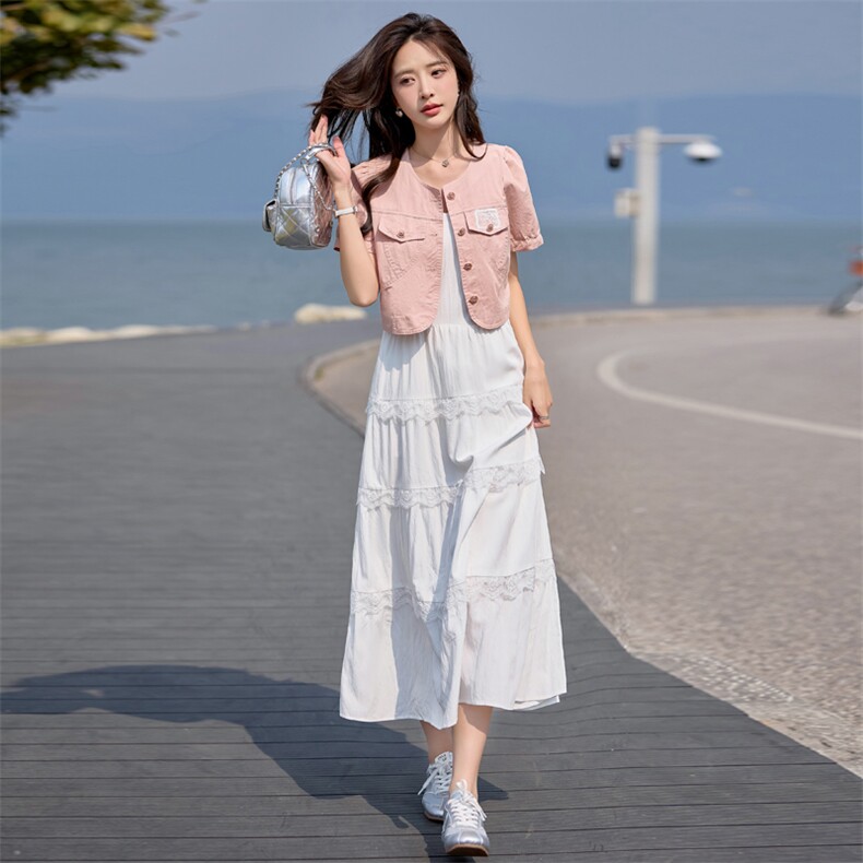 2025夏新品度假风蕾丝花边连衣裙+牛仔短袖两件套,女装套装/套裙,韩蔻秀
