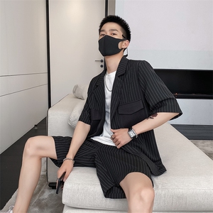 社会风秋纯色条纹宽松西装休闲两件套装时尚B297-7712-P105控148图片