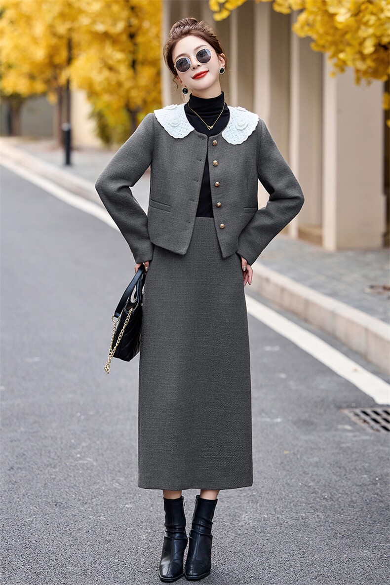 加棉内胆2024新款小众设计感毛呢小香外套半身裙加厚两件套裙女,女装套装/套裙,流量+