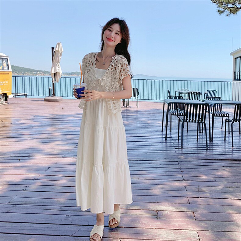 温柔风甜美小个子白色吊带连衣裙女夏季新款镂空短袖上衣两件套装,女装套装/套裙,2C269