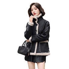 皮毛一体羊羔毛外套女短款2024新款秋冬季加绒机车服加厚皮夹克，女装羊羔毛/颗粒绒，跑量工厂店