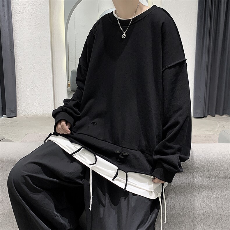 WY33(破洞）OVERSIZE圆领假两件卫衣大皂短句P75控价95，男装卫衣，星座508（原C305）