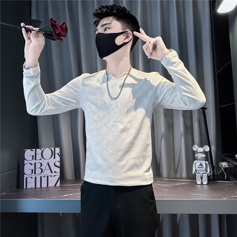 设计感V领提花长袖体恤男社会小伙店主风301C-CT09P58控78,男装T恤,星座301C（原B323）