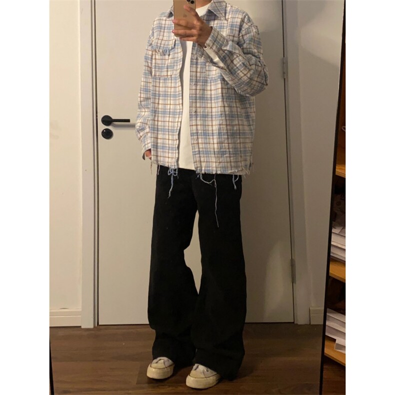 美式高街毛边条纹格子衬衫设计感复古水港水洗外套K351-P53,男装衬衫,星座1007（原301D）
